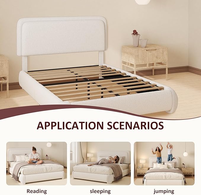 King Boucle Platform Bed Frame with Height Adjustable Headboard, Modern Upholstered Cloud Bed, Sleek Curved Design, No Box Spring Needed, Easy Assembly, Noise Free, White