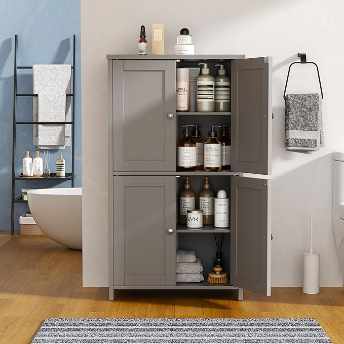 Vongrasig Bathroom Floor Storage Cabinet, Modern Storage Unit with 4 Doors and Adjustable Shelves, Freestanding Sideboard Cabinet for Bathroom, Kitchen, Living Room, Grey