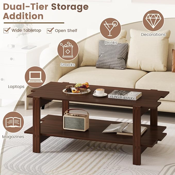 Giantex Coffee Table with Storage, 45 Inch Modern Center Table with Slatted Design & Side Rail Support, Rectangular Living Room Table for Small Spaces, Walnut