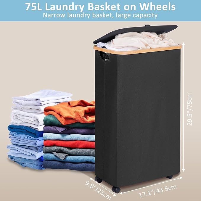 efluky Slim Laundry Basket with Wheels, Narrow Rolling Laundry Hamper with Lid and Removable Bag, Aesthetic Dirty Clothes Hamper on Wheels for Laundry Room, Bedroom, Dorm and Bathroom, 75L Dark Black