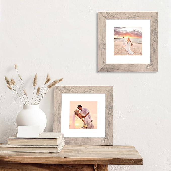 6x6 Picture Frame Set of 4 with High Definition Glass, Smoke Gray Frame Display 4x4 Pictures with Mat or 6 x 6 Without Mat, Wood Square Photo Frame for Wall Mount and Tabletop Display