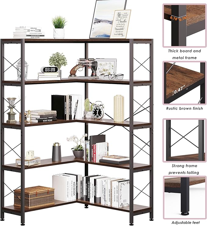Corner Bookshelves and Bookcases Industrial Corner Etagere Bookcase L Shaped Shelf 5-Tiers with Metal Frame for Living Room Home Office