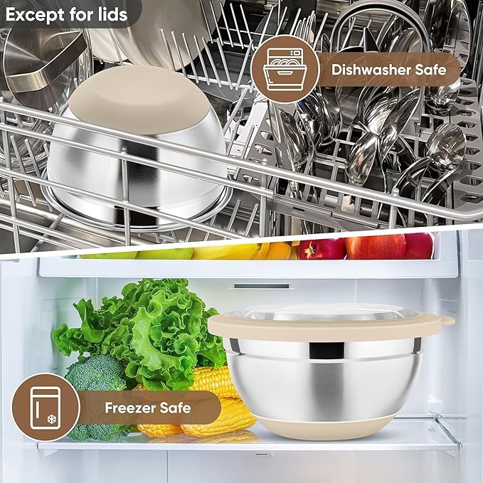 P&P CHEF Khaki Mixing Bowls Set of 6, Stainless Steel Mixing Bowl with Visible Lids for Salad, Metal Nesting Serving Bowls for Kitchen Cooking Prepping Storing Food, 4.6/3.5/2.6/2/1.5/1 QT