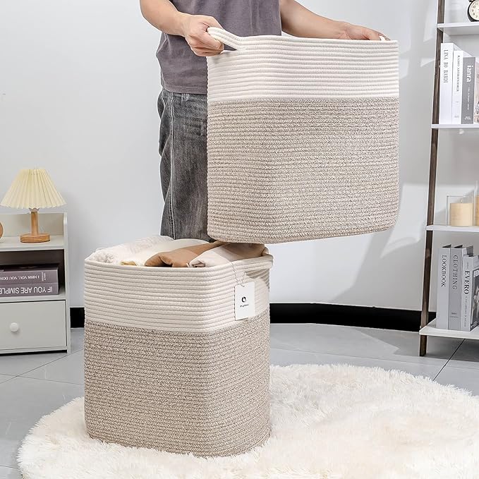 Tall Storage Baskets for Clothes Fabric Cotton Rope Storage Basket bin with Handles, Decorative Woven Basket for Living Room,Closet Organizer Blankets, and 2bags Brown 17.8×W12.5×H17.9)