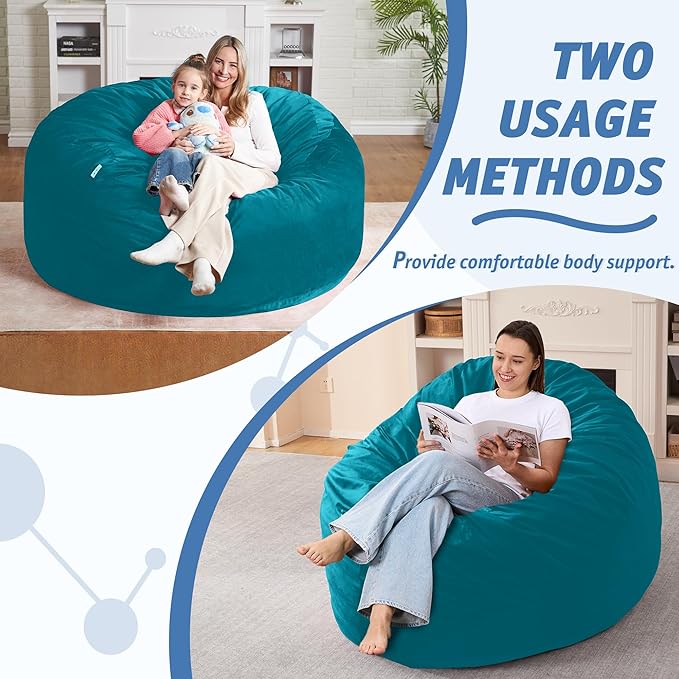 5FT Bean Bag Chair with Ultra Soft Velvet Cover Bean Bag Sofa with Memory Foam Bean Bag Chairs with Large Size Lazy Sofa for Dorm Office Living Room Bedroom Sea Blue 5'