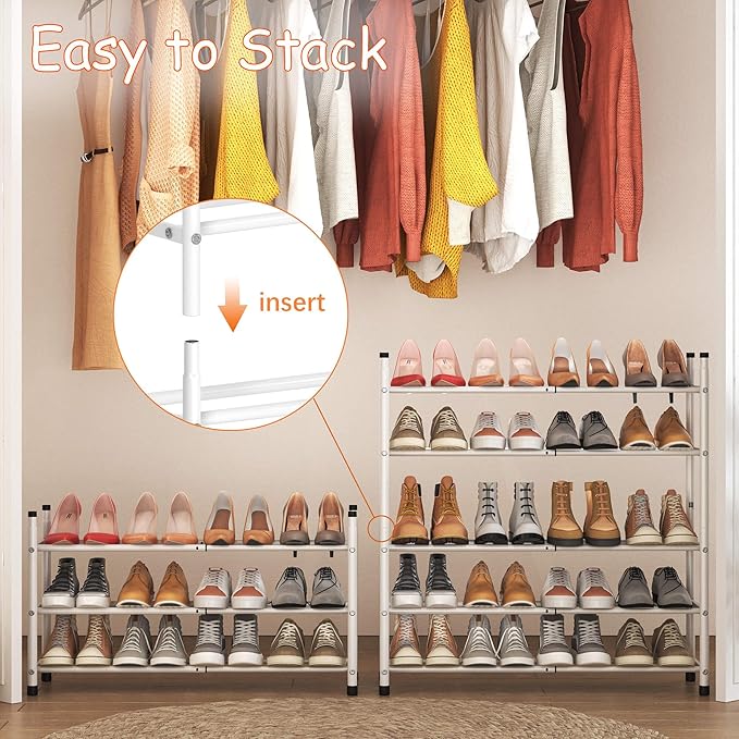 TZAMLI 3-Tier Shoe Rack for Closet, Expandable and Stackable Shoe Organizer Adjustable Metal Shoe Storage Small Shoe Shelf for Entryway Entrance, White
