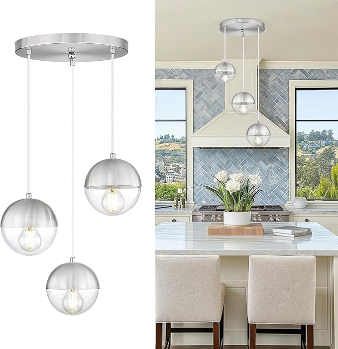 LMS Modern Brushed Nickel 3-Light Cluster Pendant Lights, Mid Century Pendant Lighting with Clear Globe Glass Shade, Adjustable Hanging Cord Ceiling Light for Bathroom Dining Room, LMS-186BNC3