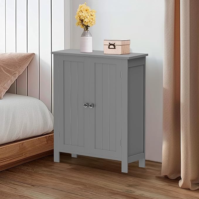 ZENY Bathroom Floor Storage Cabinet with Double Door + Adjustable Shelf, Wooden Organizer Cabinet for Living Room, Bathroom, Bedroom, Modern Home Furniture (Gray)