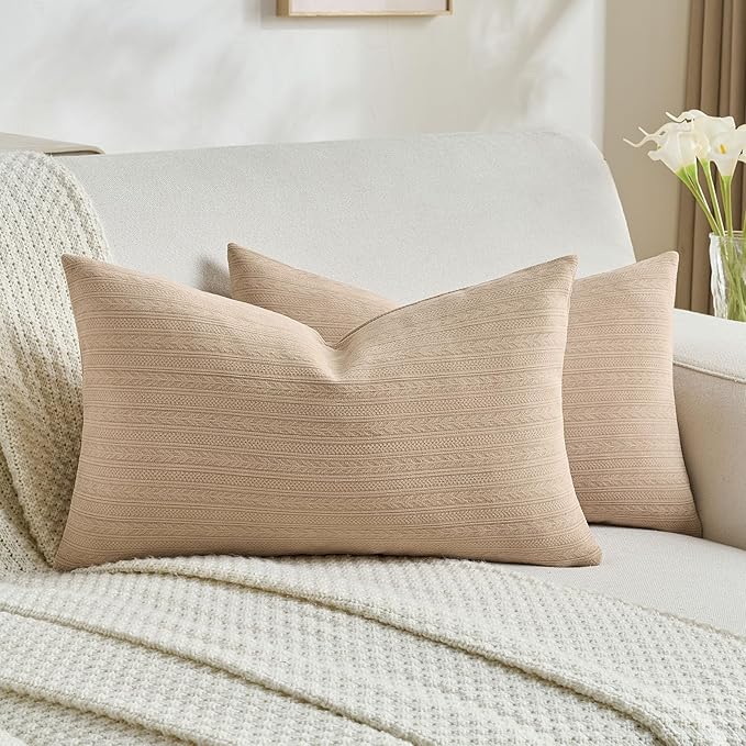 FUTEI Golden Brown Decorative Throw Pillow Covers 12x20 Inch Set of 2,Soft Cozy Wheat Ear Striped Patterns Lumbar Pillow Cases,Modern Home Decor for Couch Bed Living Room