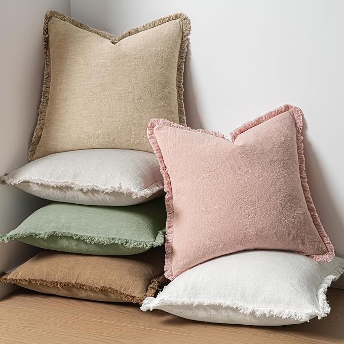 MIULEE Decorative Throw Pillow Covers Neutral Linen Fringe Throw Pillows Euro Shams Set of 2 Sage Green Boho Farmhouse Cushion Covers for Couch Sofa Bed Living Room Spring Home Decor 22x22 Inch
