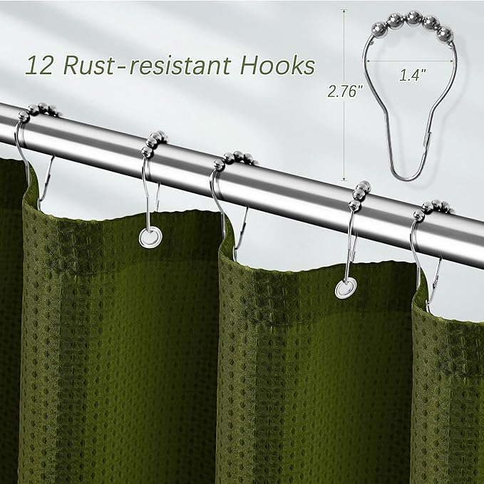 Long Waffle Army Green Shower Curtain, Heavy Duty Fabric Shower Curtain with Waffle Weave Hotel Quality Bathroom Shower Curtains, 72 x 78 Inches