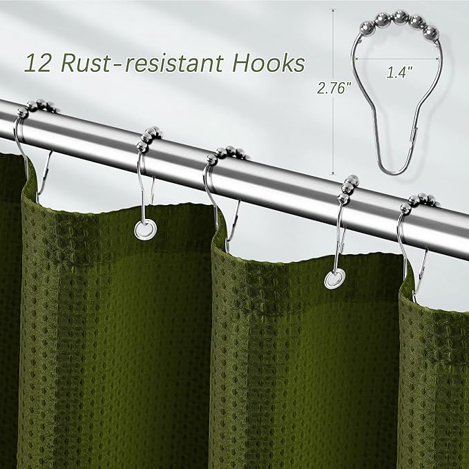 Dark Green Shower Curtain with Waffle Weave Fabric Shower Curtain Waffle Textured Heavy Duty, Hotel Quality Bathroom, 72 x 72 Inches