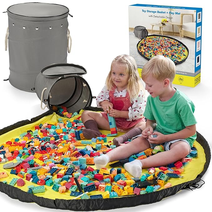 Toy Storage Basket with Slide and Large Play Mat for Boys and Girls Building Blocks Organizer, Foldable Fabric Storage Container Basket Bin Kids Toy Box with Rug for Boy Playroom Organization