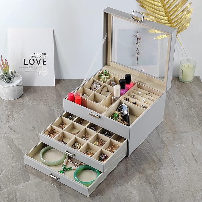 BOOVO Clear Lid Jewelry Box,3 Layers Jewelry Organizer Large Multi-Functional Jewelry Storage Box with 2 Drawers,Jewelry Display Case of Rings Earrings Necklace Bracelets for Women Girls (Grey)