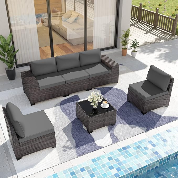 Kurapika 6 Pieces Patio Furniture Set, Rattan Outdoor Conversation Sets w/4 Inch Cushion and Glass Coffee Table(Grey)