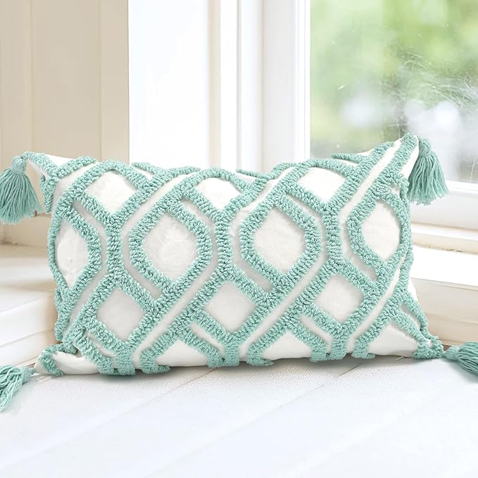 Boho Pillow Covers 12X20 Inch Boho Tufted Throw Pillow Covers Decorative Tassels Cushion Cover Farmhouse Pillow Case for Couch Sofa Bed Living Room Bedroom, Aqua Green