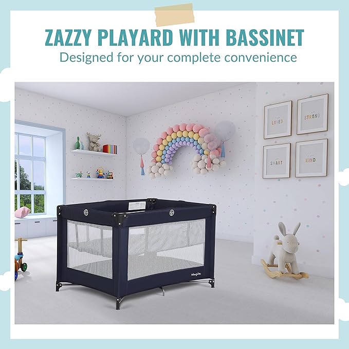 Dream On Me Zazzy Portable Playard with Bassinet in Navy, Packable and Easy Setup Baby Playard, Lightweight and Portable Playard for Baby with Mattress and Travel Bag