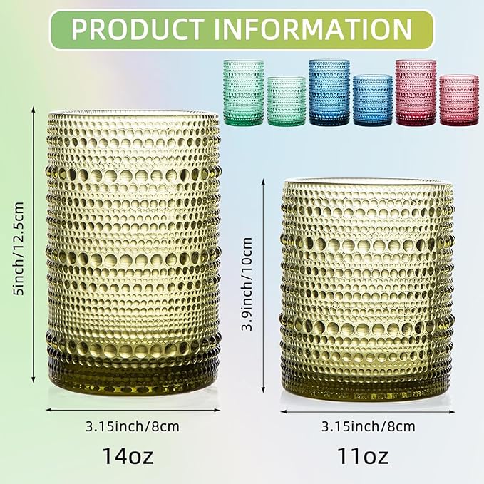 Set of 8 Hobnail Drinking Glasses Colored Vintage Glassware - 4 Highball Glasses 14 oz, 4 Rocks Glass Cup 11 oz, Embossed Old Fashioned Glassware for Water, Juice, Wine, Beer (4 Colors)