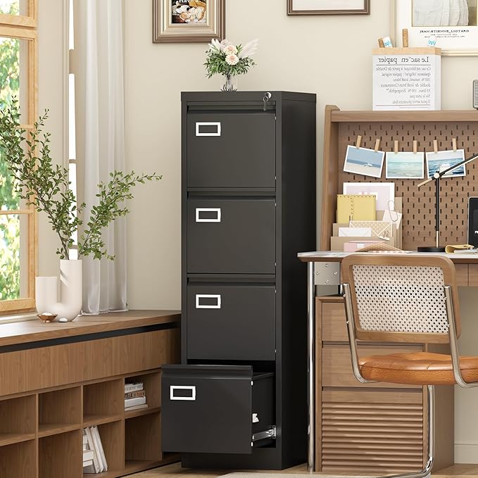 GREATMEET 4 Drawer File Cabinet with Lock, Small Metal File Cabinets for Home Office 4 Drawer, Black Vertical Filing Cabinets for Letter/Legal/A4/F4 Size File,Assembly Require