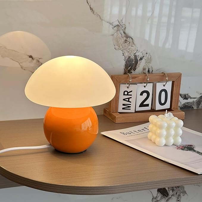 Mushroom Lamp Ceramic Base,Orange Cute 70s Mid Century Modern Decor Lamp for Bedroom,Small Abstract Table Bedside Glass Mood Coze Fun Warm Light