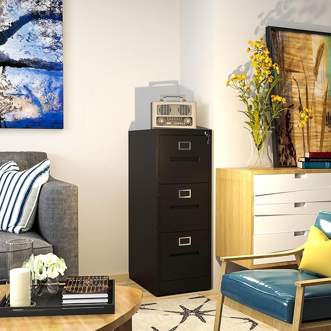 AQY 3 Drawer File Cabinet with Lock,Filing Cabinets for Home Office,Metal File Cabinet 18" Deep Vertical Storage Drawer for Hanging A4/F4/Letter/Legal Size Files, Assembly Required