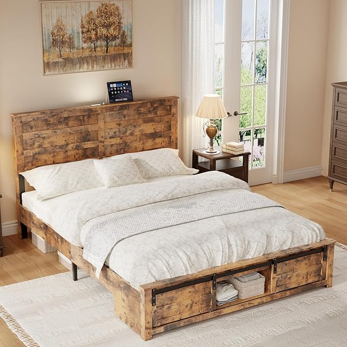 Wooden Bed Frame Queen Size with Headboard & Sliding Barn Door Storage Footboard, Farmhouse Platform Bedframe with Charging Station, No Box Spring Needed, Brown