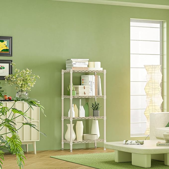 IZEUK 4 Tier Steel Storage Shelves, Heavy Duty Metal Shelf Wire Shelving Rack for Pantry, Kitchen, Living Room, or Bathroom Organization (11.8" D x 23.6" W x 47.5" H, 1000LBS, Light Tan)