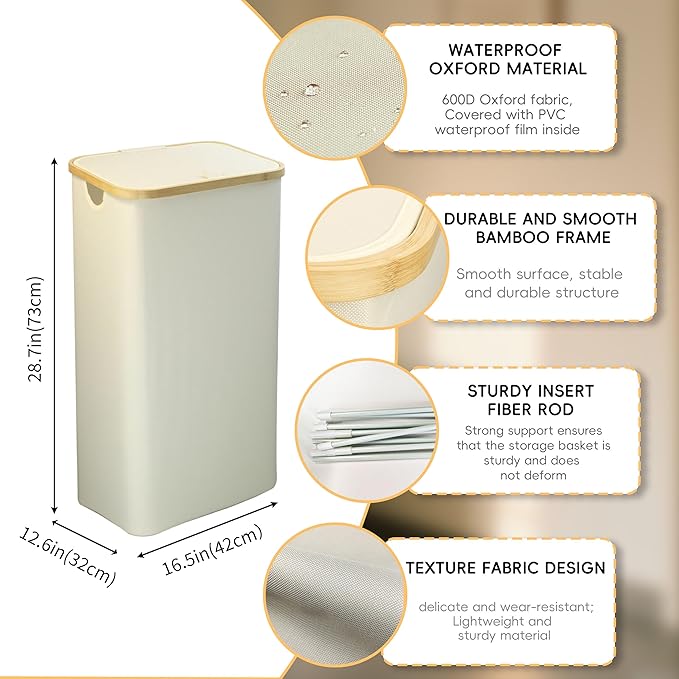 100L Laundry Hamper with Lid,Collapsible Laundry Basket, Dirty Clothes Basket, Storage Case with Bamboo Support - Handles - Removable Inner Bag - 2x Washing Mesh Bags for Bedroom Dorm Bathroom (Beige)