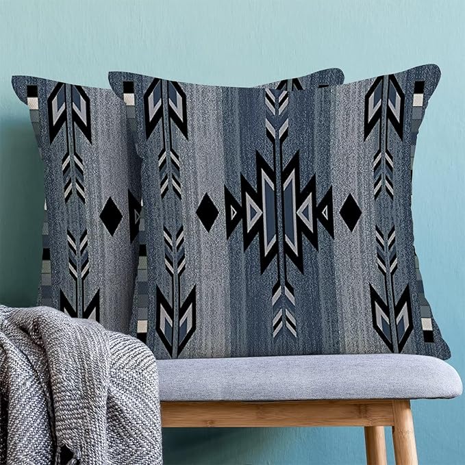 Boho Blue Carpet Throw Pillow Covers 18x18 Inch Set of 2, Rustic Tribal Decorative Throw Pillow Covers Antique Blue Linen Outdoor Cushion Cover for Sofa Couch Farmhouse Room Bed Decor