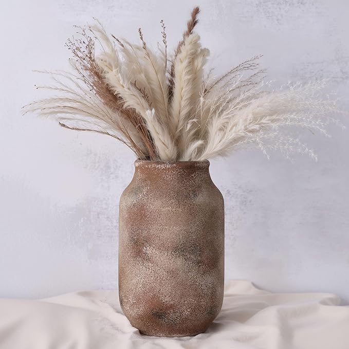Rustic Farmhouse Ceramic Vase, 9.8" Tall Vintage Pottery Vases, Terracotta Decorative Boho Pampas Flower Vase, Suitable for Home Decor Living Room Entryway Table Bookshelf Mantle Shelf Decor