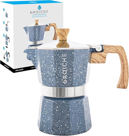 GROSCHE Milano Moka Pot - Stovetop Coffee Maker and Percolator for Espresso - 3 Cup, Indigo