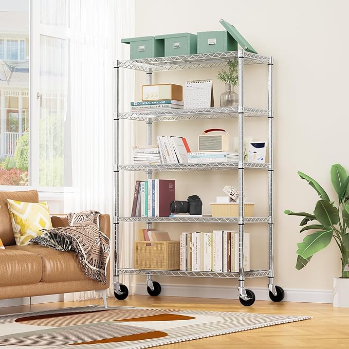 5-Shelf Storage Shelves,Wire Shelving Heavy Duty Metal Storage Shelving Unit Adjustable Garage Shelving Rack Pantry Kitchen (Chrome, 5 Tier,17.7" D x 47.2" W x 76.7" H)