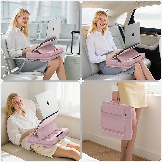 Laptop Lap Desk with Cushion, Adjustable Lap Desk Pillow with Storage, Portable Lap Table for Adults Student, Laptop Stand for Bed Office College Dorm Home Room Couch, Fits Up to 14.9" PC Tablet, Pink