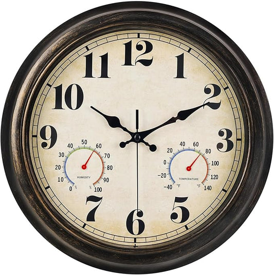 zyzamay 13 Inch Outdoor Clock with Thermometer and Hygrometer, Waterproof and Silent, Large Easy-to-Read Numbers, Ideal for Bedroom,Office,Living Room,Porch,Garden,Pool(BlackGold)
