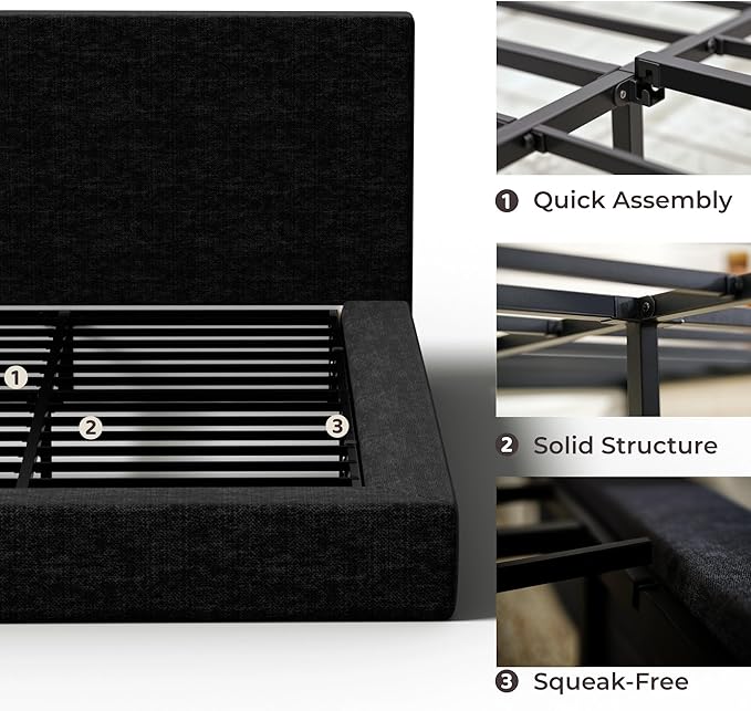 RECCI Cloud Upholstered King Bed Frame with Headboard, 5 Inch Foam Padded Platform, No Box Spring, Easy Assembly (Onyx)