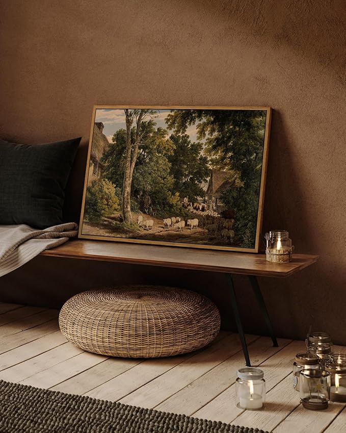 InSimSea Framed Canvas Wall Art Vintage Decor, Room Decor Classical Countryside Landscape Farmhouse Watercolor Painting Large Wall Art for Living Room Badroom Bathroom, 16"x24"