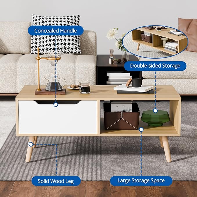 Cozy Castle Modern Wooden Coffee Table with Storage, Minimalist Hallway Mid Century Cocktail Table for Living Room Apartment Reception, Oak