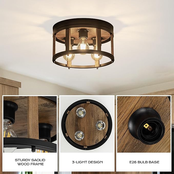 MAYNA 3-Light Retro Farmhouse Flush Mount Round Vintage Metal and Wood Ceiling Light Fixtures, Rustic Ceiling Lamp for Kitchen, Hallway, Entryway, Bedroom, Dining Room