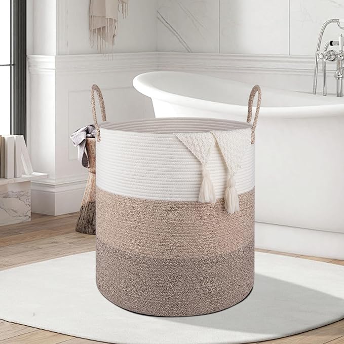 OIAHOMY 100L Laundry Hamper, Dirty Clothes Hamper for Bedroom, Collapsible Laundry Basket, Large Blanket Basket,Nursery Hamper with Handle, Blanket Storage for Living Room-18.5x21inches-Gradient Brown