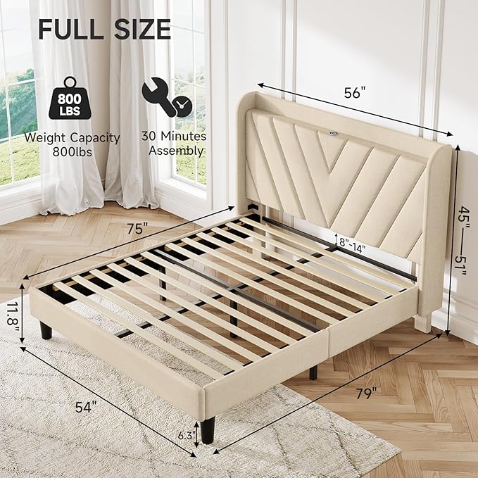 koorlian Full Size Bed Frame, Full Bed Frame with Headboard, Adjustable Upholstered Bed Frame with Type-C&USB Port, Wingback Storage Headboard, Noiseless, No Box Spring Needed, Beige