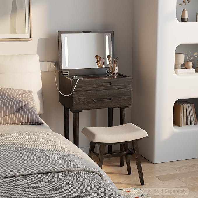 Solid Wood Small Vanity Desk with Mirror and Lights, Narrow Makeup Vanity for Small Space, Flip Top Vanity Side Table, 3 Color Modes & Adjustable Brightness, 19.6" Slim Dressing Table, Black