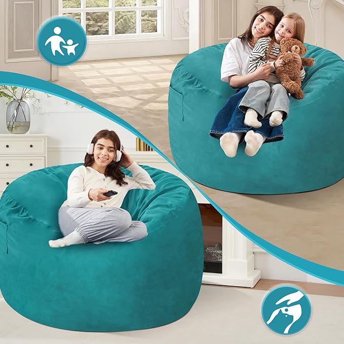 Homguava 4 FT Bean Bag Chair: 4' Bean Bags with Memory Foam Filled, Large Beanbag Chairs Soft Sofa with Dutch Velvet Cover-Sea Blue