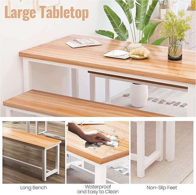 Dining Room Table Set with 2 Benches, Farmhouse Dining Table Set for 4-6, Wood Breakfast Table Set Dinner Table Set Kitchen Table and Chairs for Breakfast Nook Small Spaces, Beige