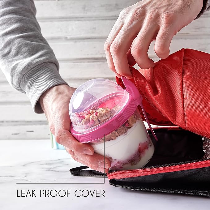 Crystalia Reusable Yogurt Parfait Cups with Leak-Proof Lids, On the Go Plastic Bowls with Topping Cereal Oatmeal Salad or Fruit Container, Set of 4, Made in Europe (Small 17 oz)