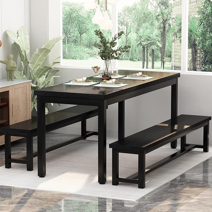 AWQM Dining Table Set for 4, Kitchen Dining Table with 2 Benches, Dining Room Table Set with Metal Frame & Thickened Board for Kitchen, Restaurant, Black, 43'' Breakfast Table Set (A006-11H2-L)