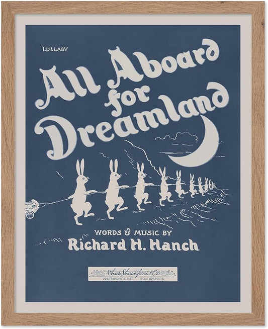 Poster Master All Aboard For Dreamland Poster - Retro Children's Lullaby Print - Story Book Art - Bunny Art - Rabbit Art - Aesthetic Art - Kid's Bedroom or Nursery Wall Decor, 8x10 Beige Framed