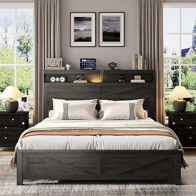Farmhouse Queen Size Bed Frame with Headboard Storage Shelf, Wood Platform Bed Frame with LED Lights & Charging Station, Rustic Black Metal Bed, No Box Spring Needed, Noise-Free Sturdy Structure