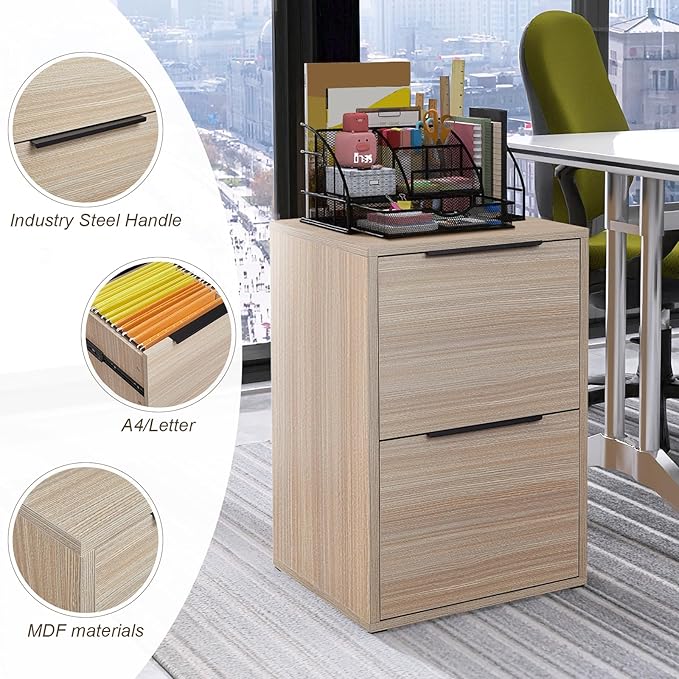 Wood File Cabinet 2 Drawer, Wooden File Cabinets with Hanging Bars for Letter Size, Samll Filing Cabinets for Home Office, Beige