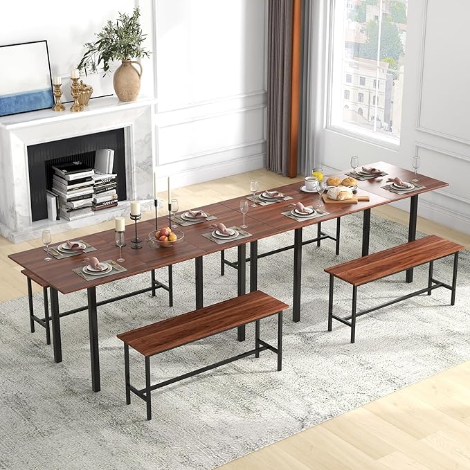 Giantex 3-Piece Dining Table Set for 4-8, 63” Extendable Dining Table with 2 Benches, Metal Frame, Dinette Table Set for Dinner, Breakfast Nook, Kitchen, Living Room, Restaurant, Walnut