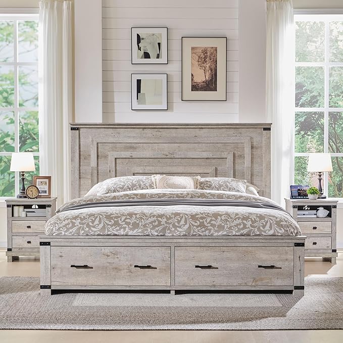 T4TREAM Farmhouse Queen Size Bed Frame with 54" Tall Geometric Headboard & 2 Large Storage Drawers, Rustic Wood Platform Bed with Wood Slats Support, No Box Spring Needed, Light Rustic Oak